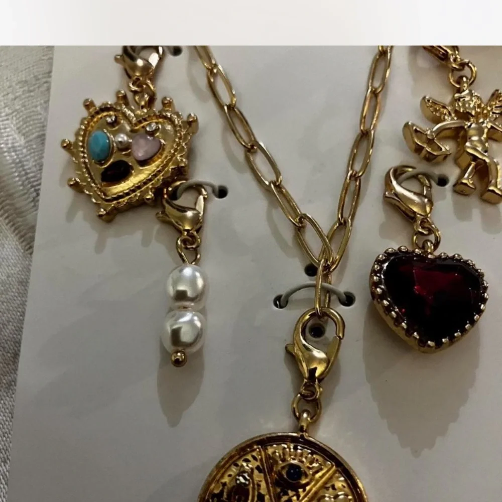 Claire's Gold Charm Necklace with Heart and Pearl Accents